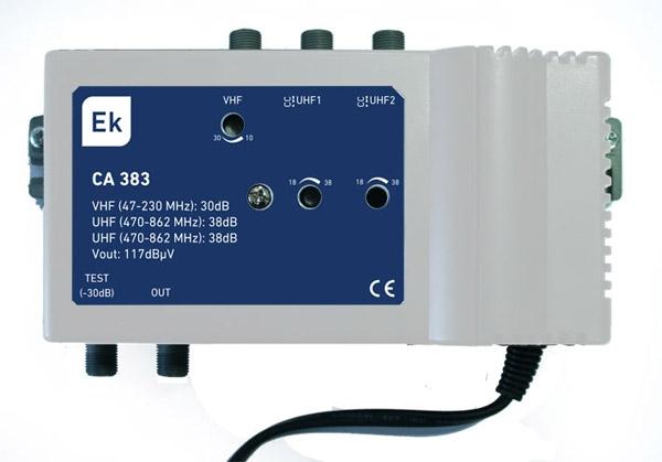 Central amplificadora Ekselans 3 entradas: VHF / UHF / UHF - CA383L - Central amplificadora 3 entradas: VHF (47-230 MHz) / UHF (470-862 MHz) / UHF (470-862 MHz). 
Amplificación separada. G: 30dB (VHF) / 36dB (UHF). 
Nivel de salida (DIN 45004B): 117dBuV.