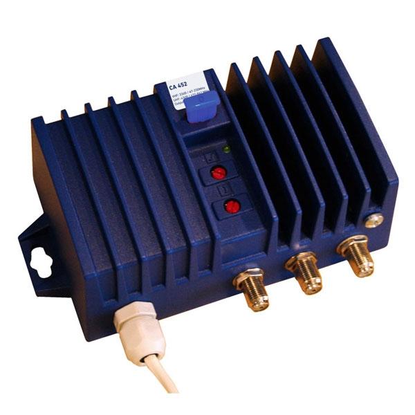 Central amplificadora Ekselans 2 entradas LTE - CA 452L - Central amplificadora 2 entradas: VHF (47-230 MHz) / UHF (470-862 MHz). G: 33dB (VHF) / 43dB (UHF). 
Nivel de salida (DIN 45004B): 122dBuV. Con paso de corriente DC en entrada UHF. Clase A