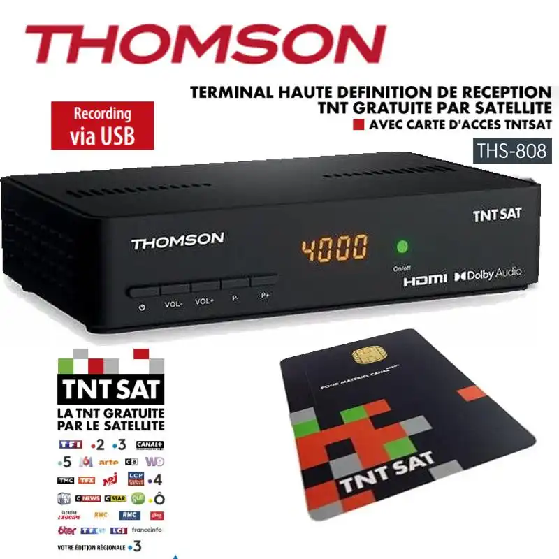 Receptor TNT SAT Thomson HD THS808 + Tarjeta 4 Aos (Astra 19,2) - Receptor satlite para la TNT francesa. 4 AOS de suscripcin incluidos.